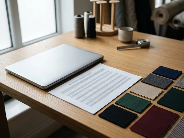 Mesa con un portátil, una tabla de tallas y muestras de tejido