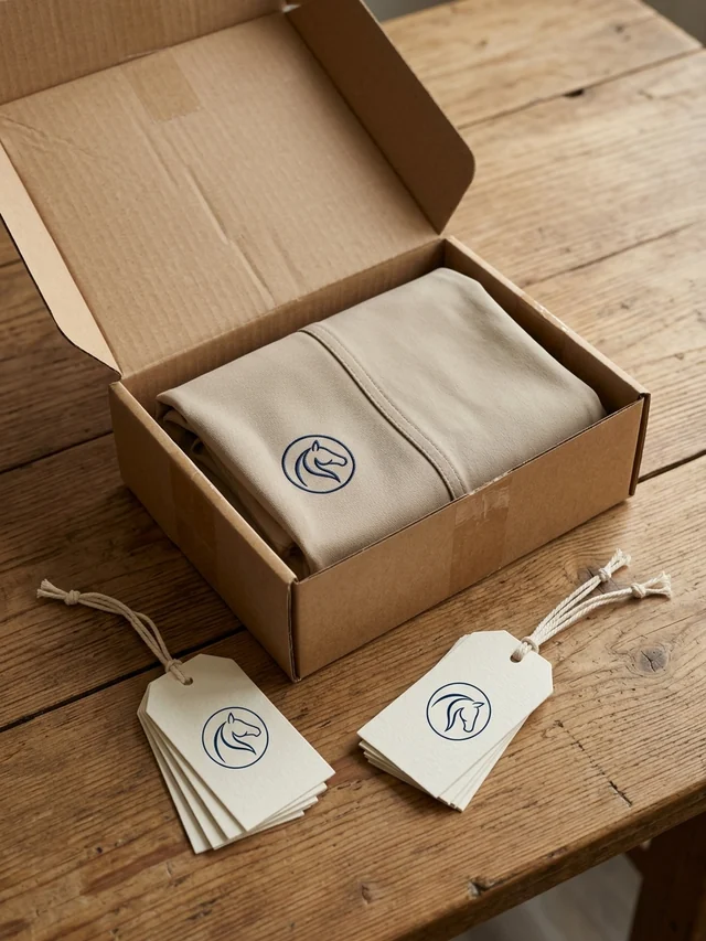 Caja de mensajería abierta con unos breeches de referencia y hangtags ya impresos