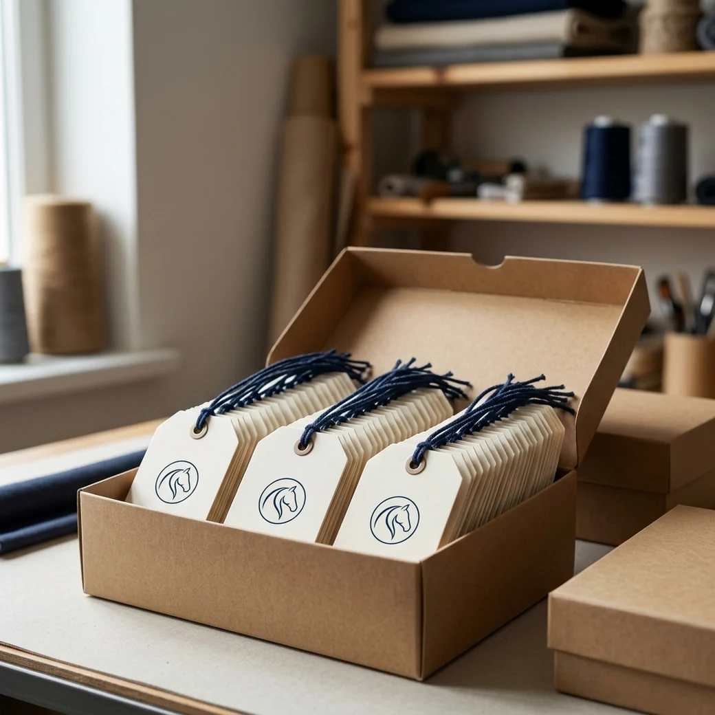 Caja con los hangtags ya impresos que envía la marca