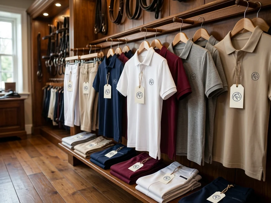 Expositor de una tienda hípica con breeches y polos de marca propia con su etiqueta colgante