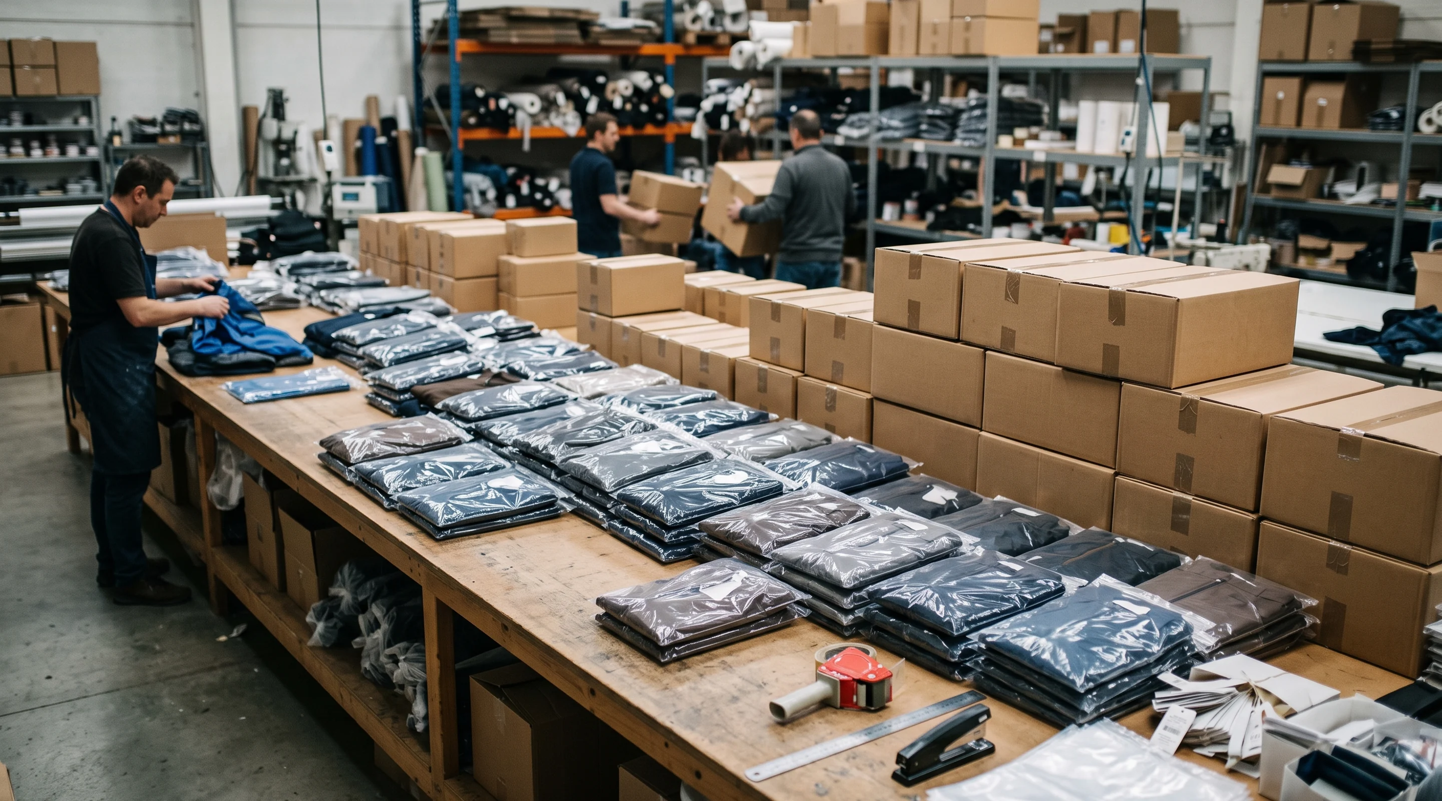 Mesa larga de la zona de embalaje con bolsas individuales y cajas