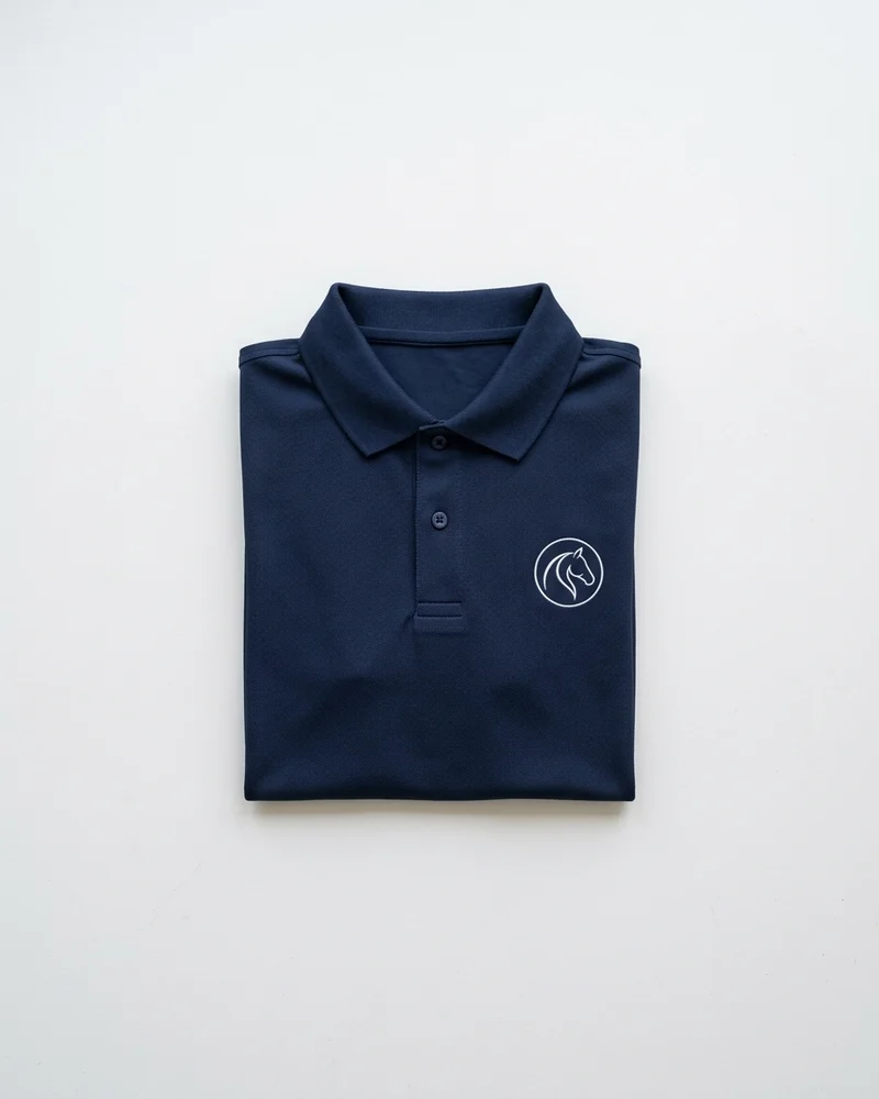 Polo de competición azul marino doblado, visto desde arriba, con el cuello hacia arriba