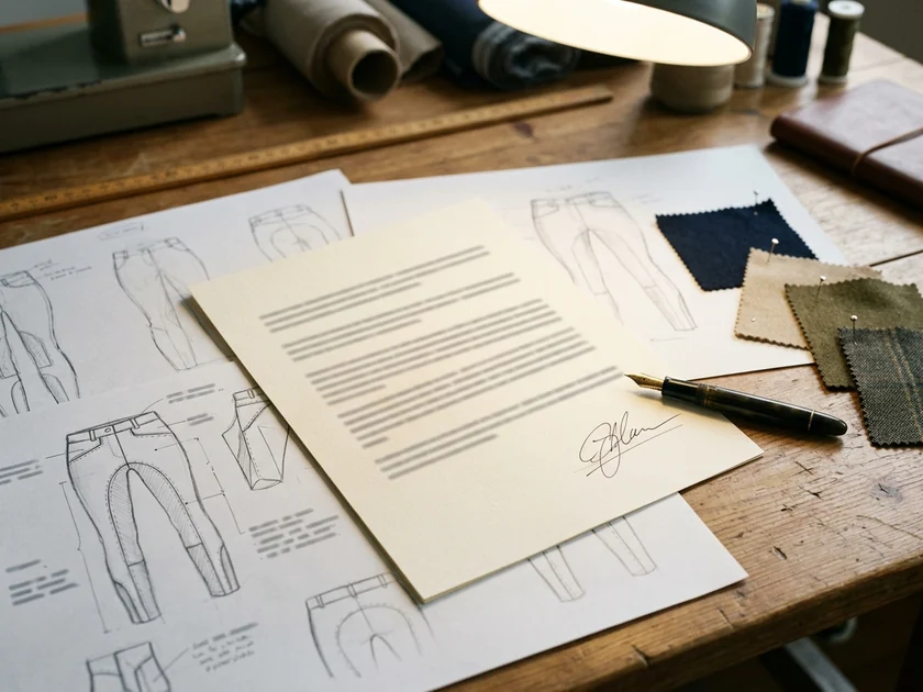 Acuerdo de confidencialidad firmado sobre bocetos de breeches y muestras de tejido