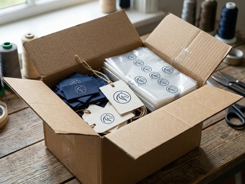 Caja cerrada con etiquetas, hangtags y bolsas con la marca que han sobrado