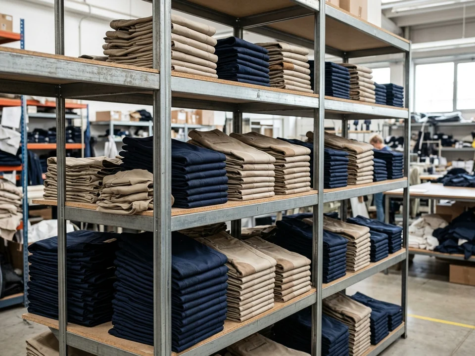 Breeches de dos colores apilados por tallas en una estantería