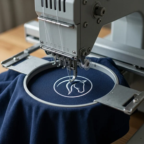 Máquina bordando un logo en una prenda