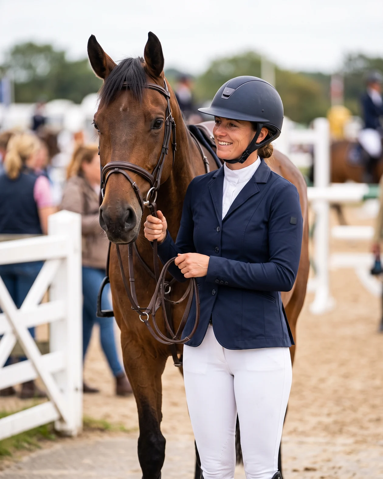 Amazona con breeches blancos y chaqueta de concurso azul marino a la entrada de la pista