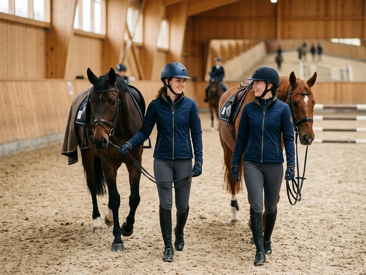 Jinetes con ropa de equitación en una pista