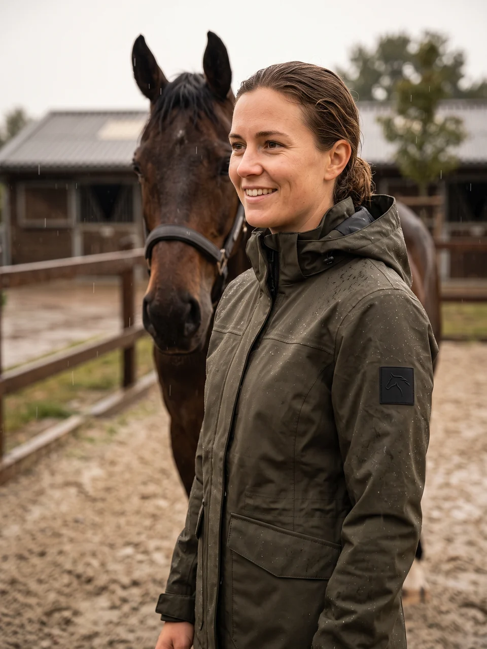 Jinete con chaqueta impermeable de equitación en un día de lluvia