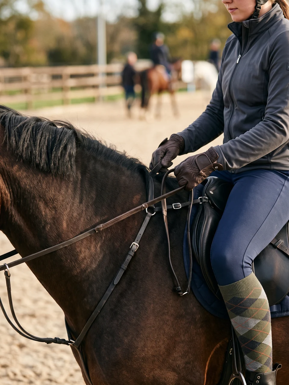 Manos con guantes de equitación sujetando las riendas