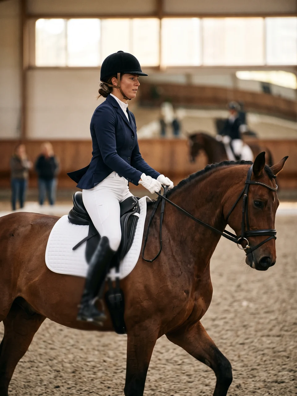 Jinete con breeches blancos de concurso al trote sentado