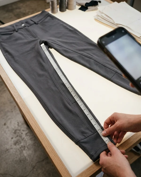 Muestra de breeches sobre la mesa con una cinta métrica a lo largo de la costura interior