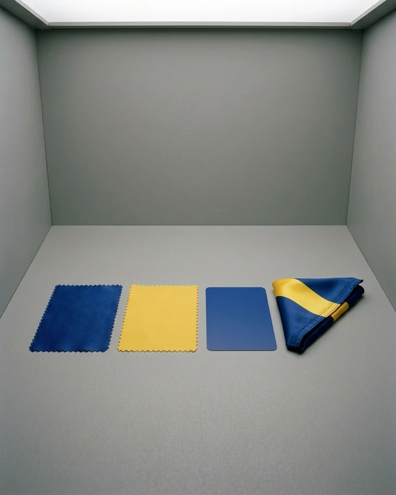 Lab dips de la cuadra azul y amarillo junto a la referencia en la cabina de luz