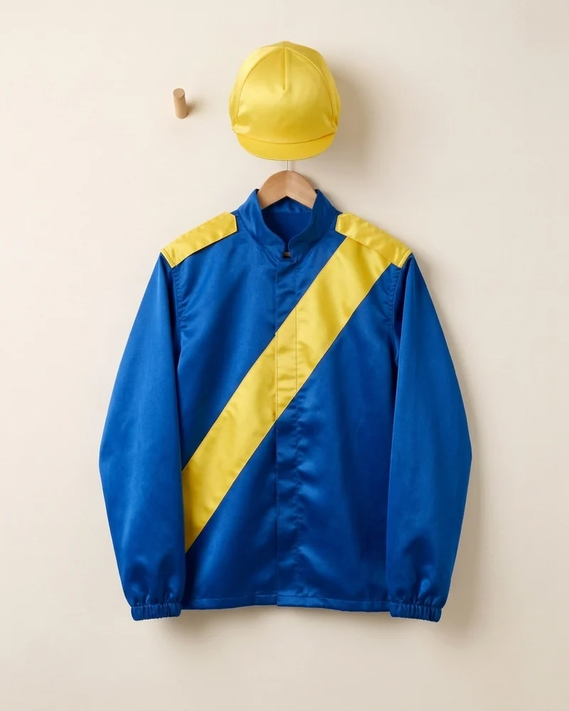 Chaquetilla terminada de la cuadra azul y amarillo en su percha
