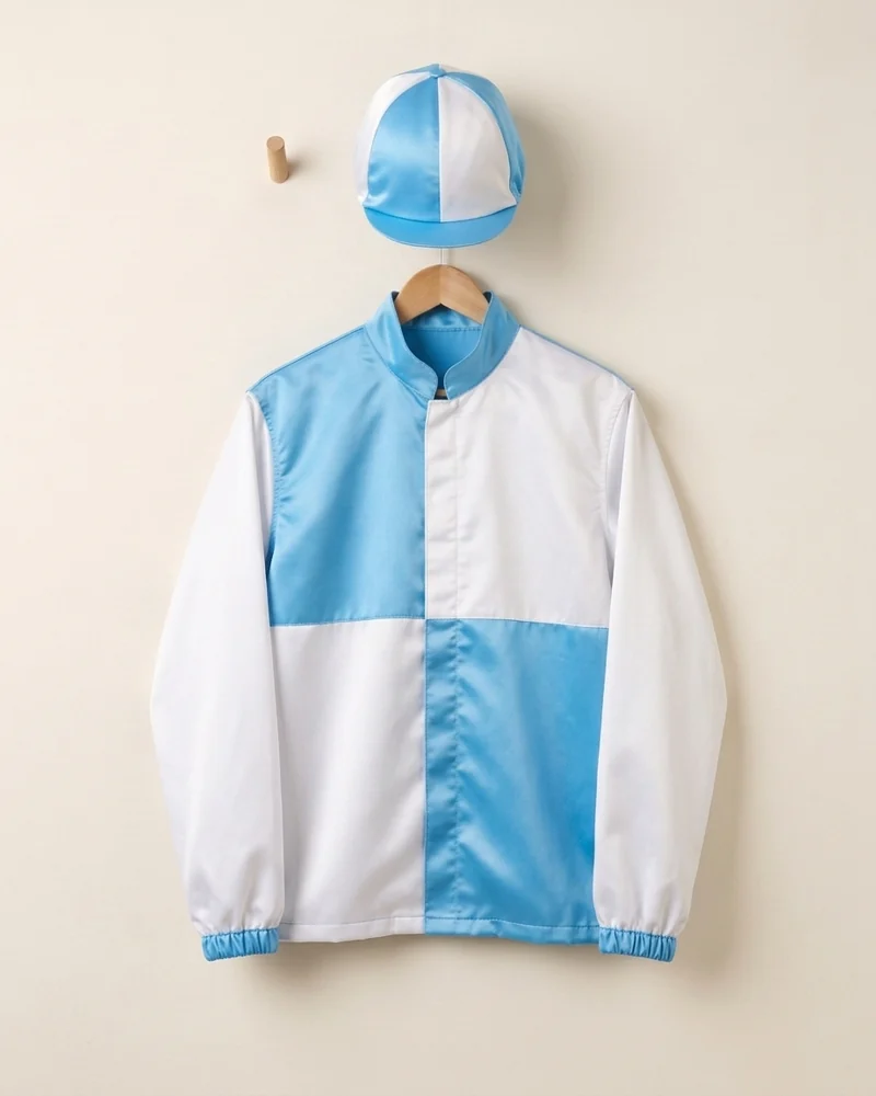 Chaquetilla terminada de la cuadra celeste y blanco en su percha