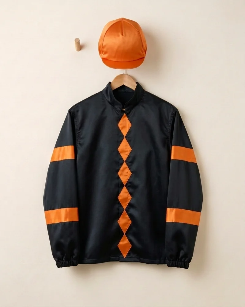 Chaquetilla terminada de la cuadra negro y naranja en su percha