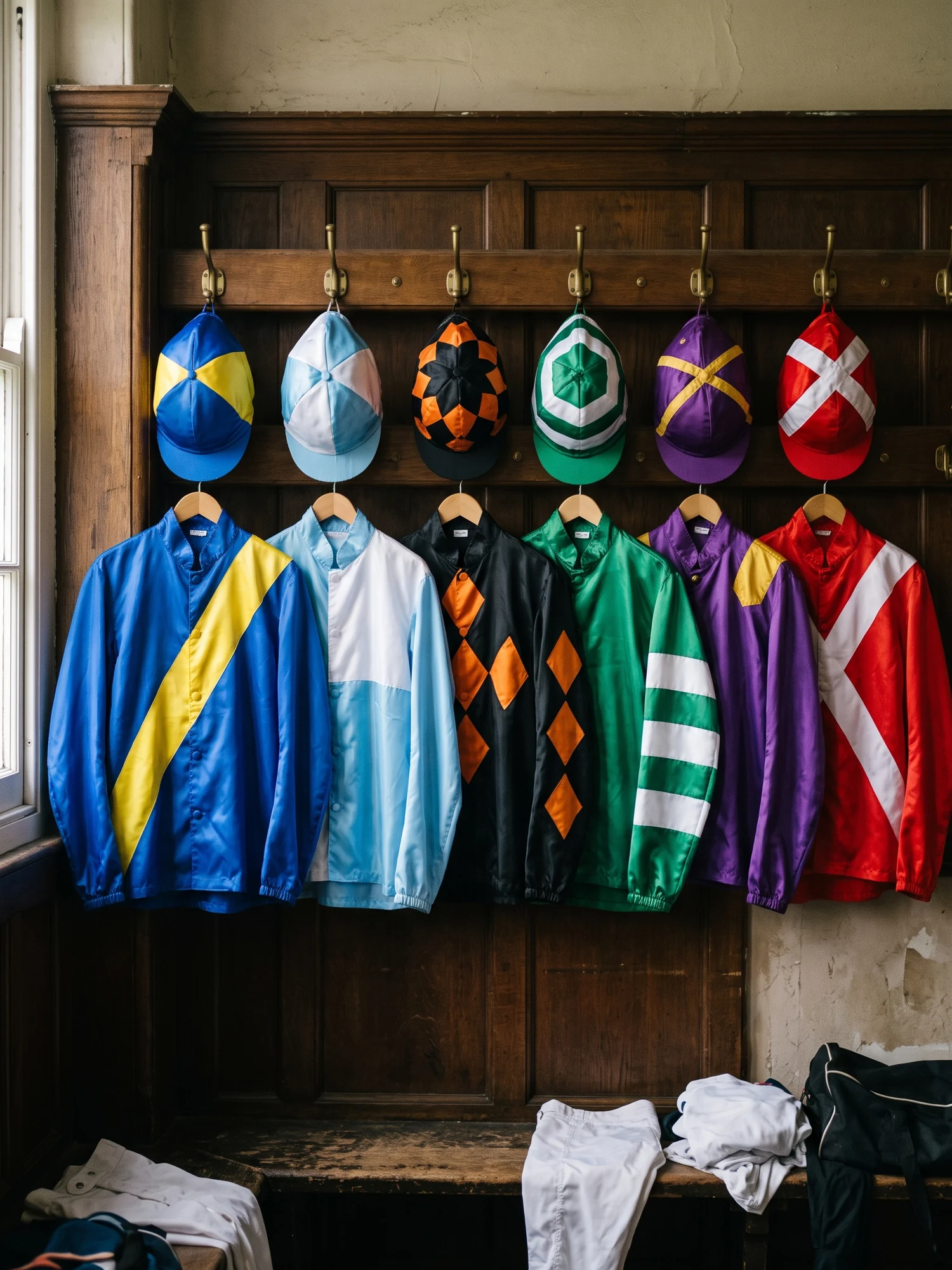 Vestuario de jockeys con chaquetillas de seis cuadras colgadas en la pared, cada una con su funda encima
