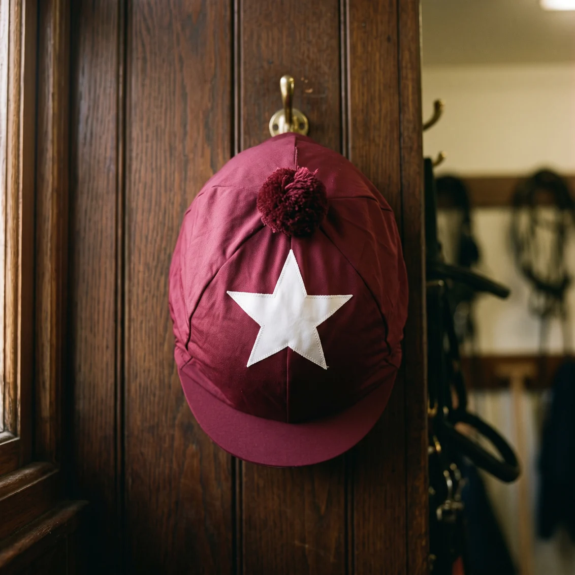 Funda de casco granate con estrella blanca colgada de un clavo