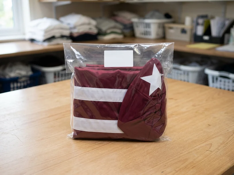 Chaquetilla y funda del mismo juego en su bolsa con el nombre de la cuadra