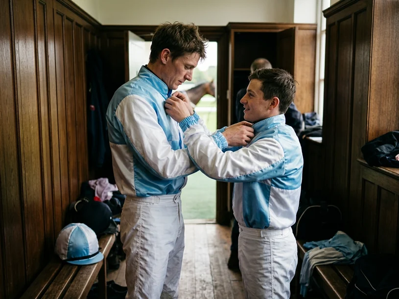 Dos jockeys con juegos del mismo color en tallas distintas
