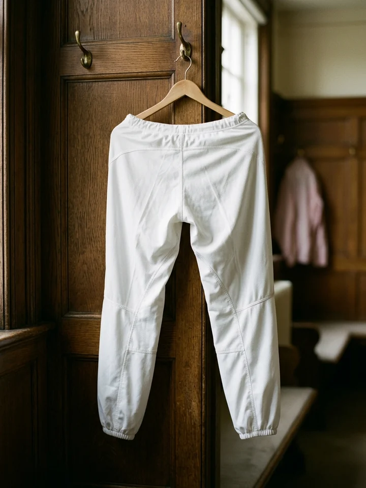 Pantalón de carreras blanco colgado en el vestuario