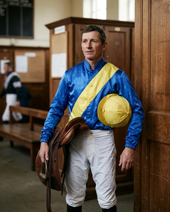 Jockey en la sala de pesaje con su chaquetilla de raso