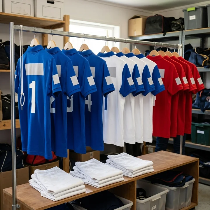 Almacén de un club de polo con las camisetas de varios equipos