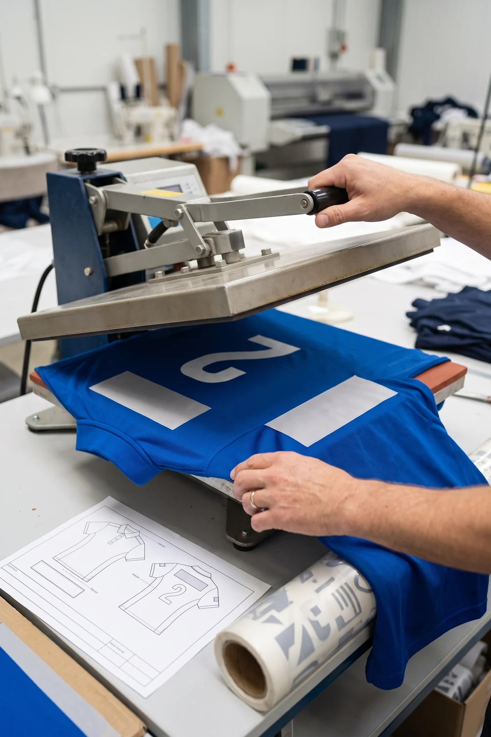 Transfer del nuevo patrocinador aplicado con la prensa térmica en la manga de una camiseta nueva