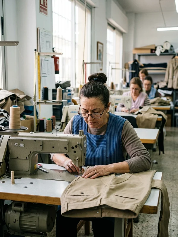 Costurera cosiendo unos pantalones de montar en la fábrica