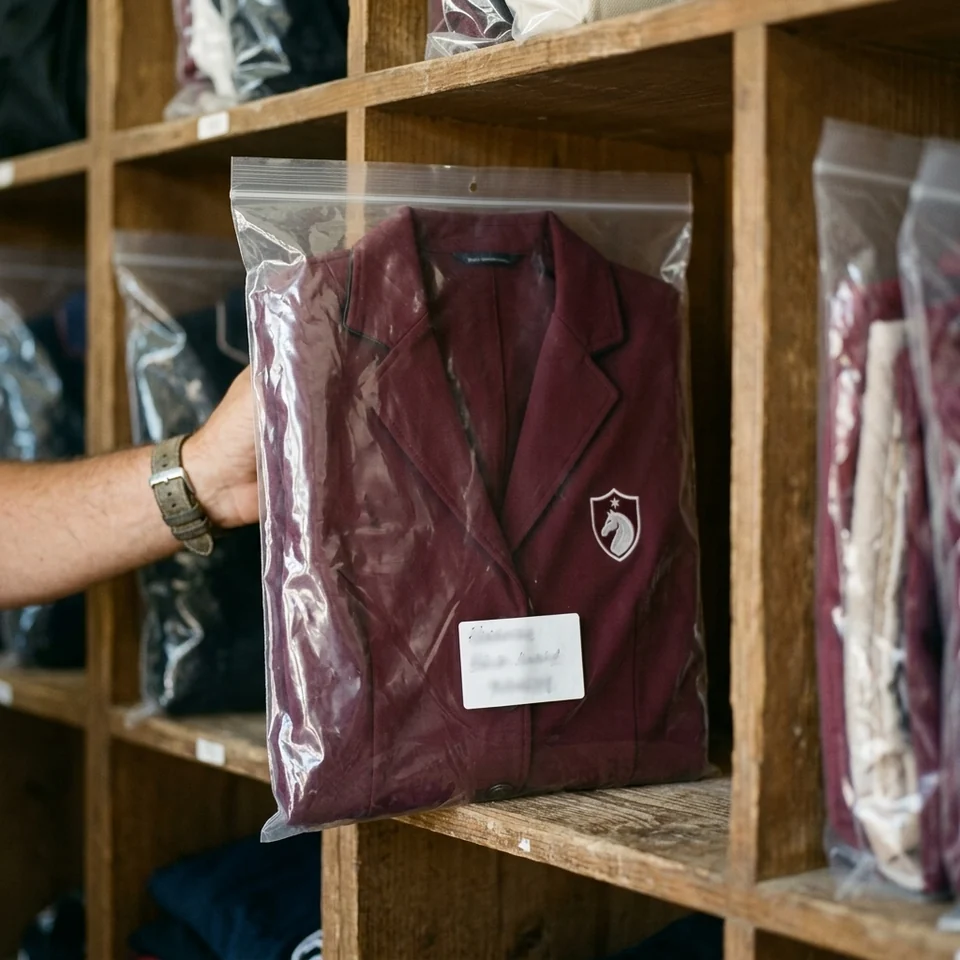 Chaqueta de concurso granate doblada dentro de una bolsa individual