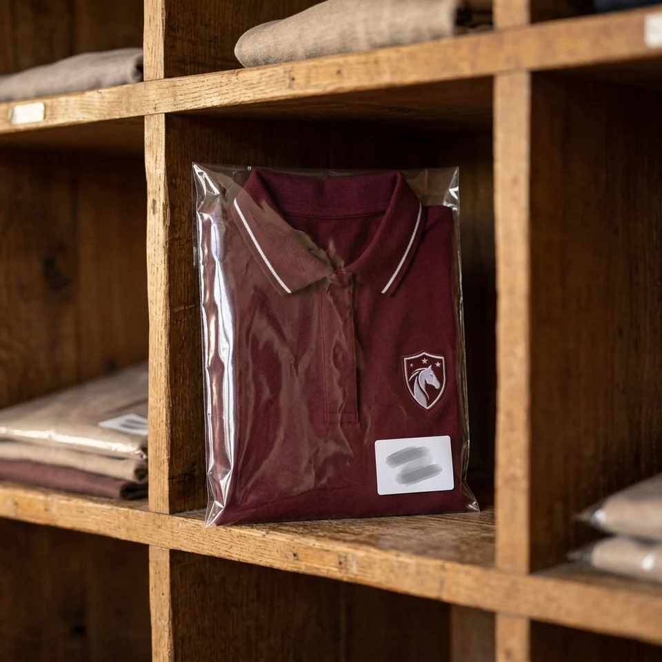 Polo granate del club doblado dentro de una bolsa individual transparente