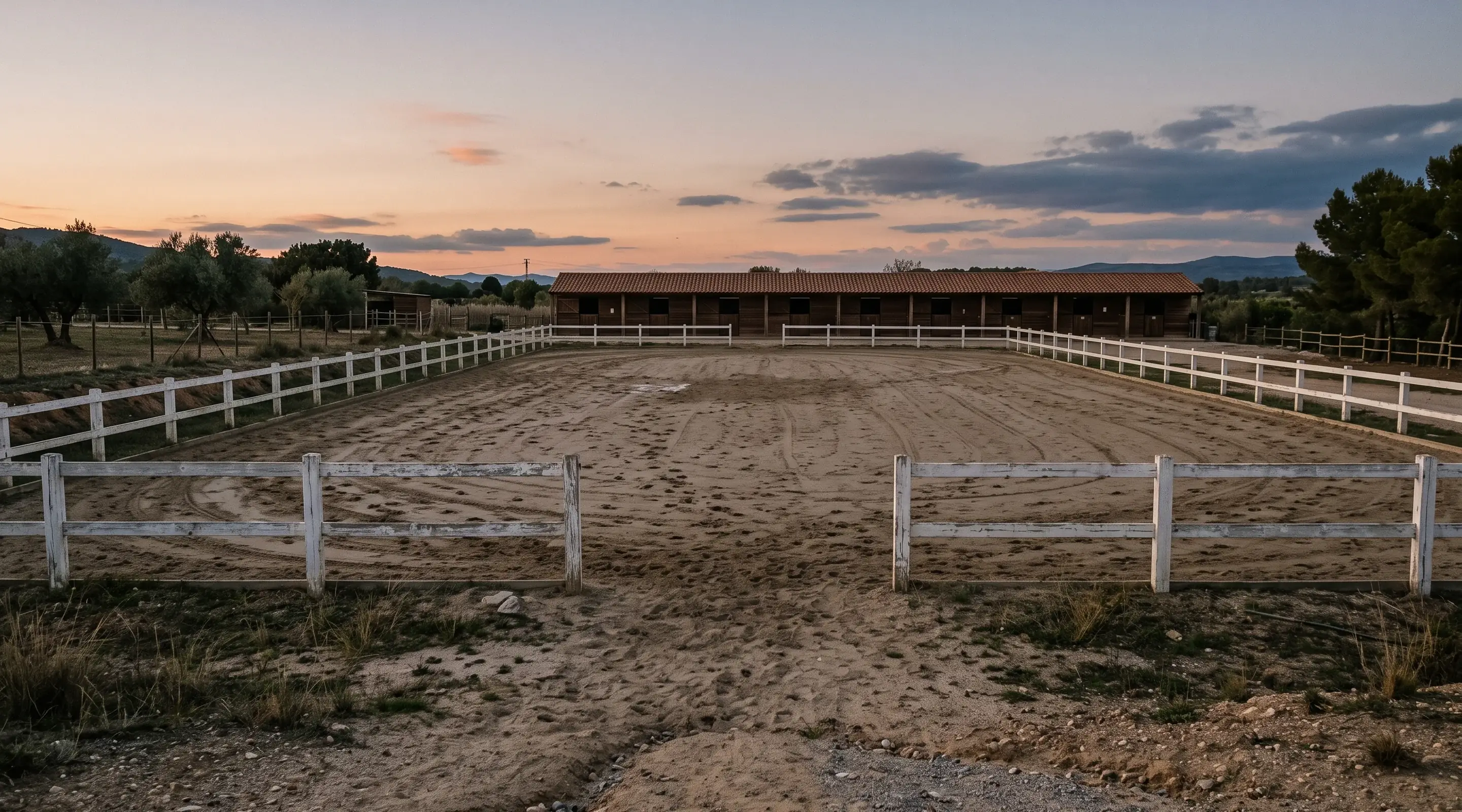 Pista de arena de un club hípico al atardecer, con las cuadras al fondo