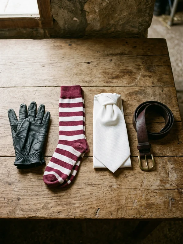 Guantes de equitación, calcetines altos granate, plastrón y cinturón sobre una mesa