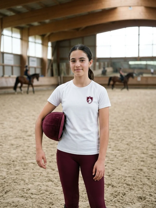 Alumna con mallas de equitación granate en una clase