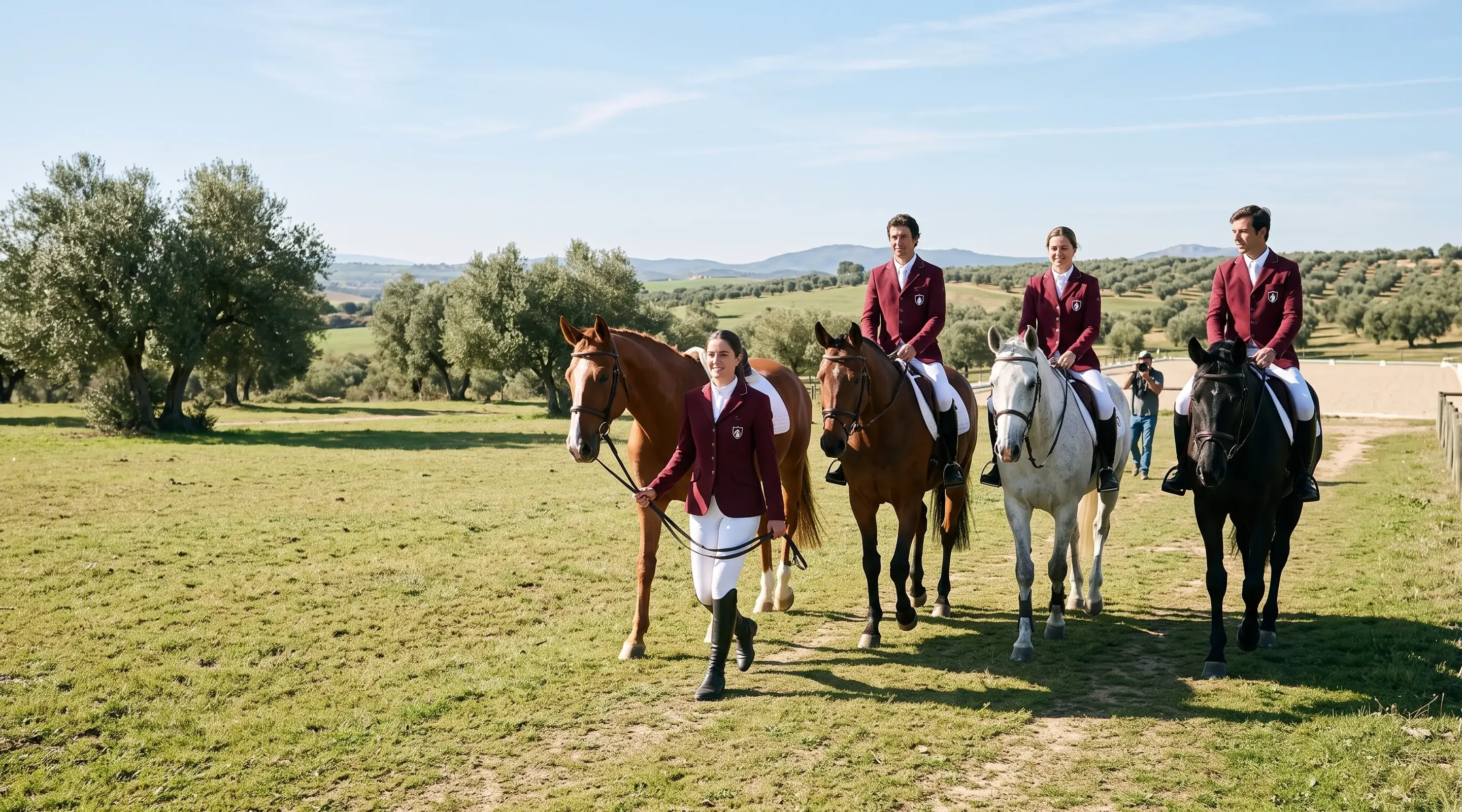 Cuatro jinetes del equipo con chaqueta de concurso granate llevan sus caballos hacia la pista