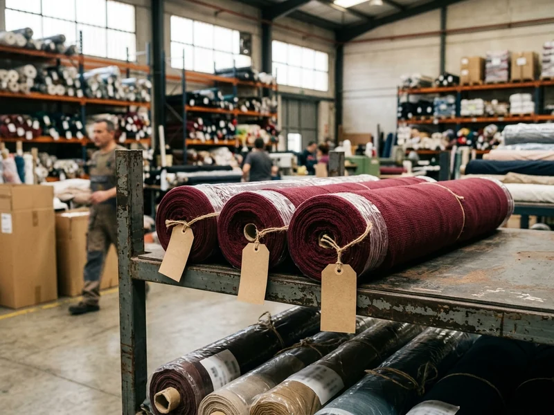 Rollos de tejido granate teñidos del mismo lote y guardados para las reposiciones