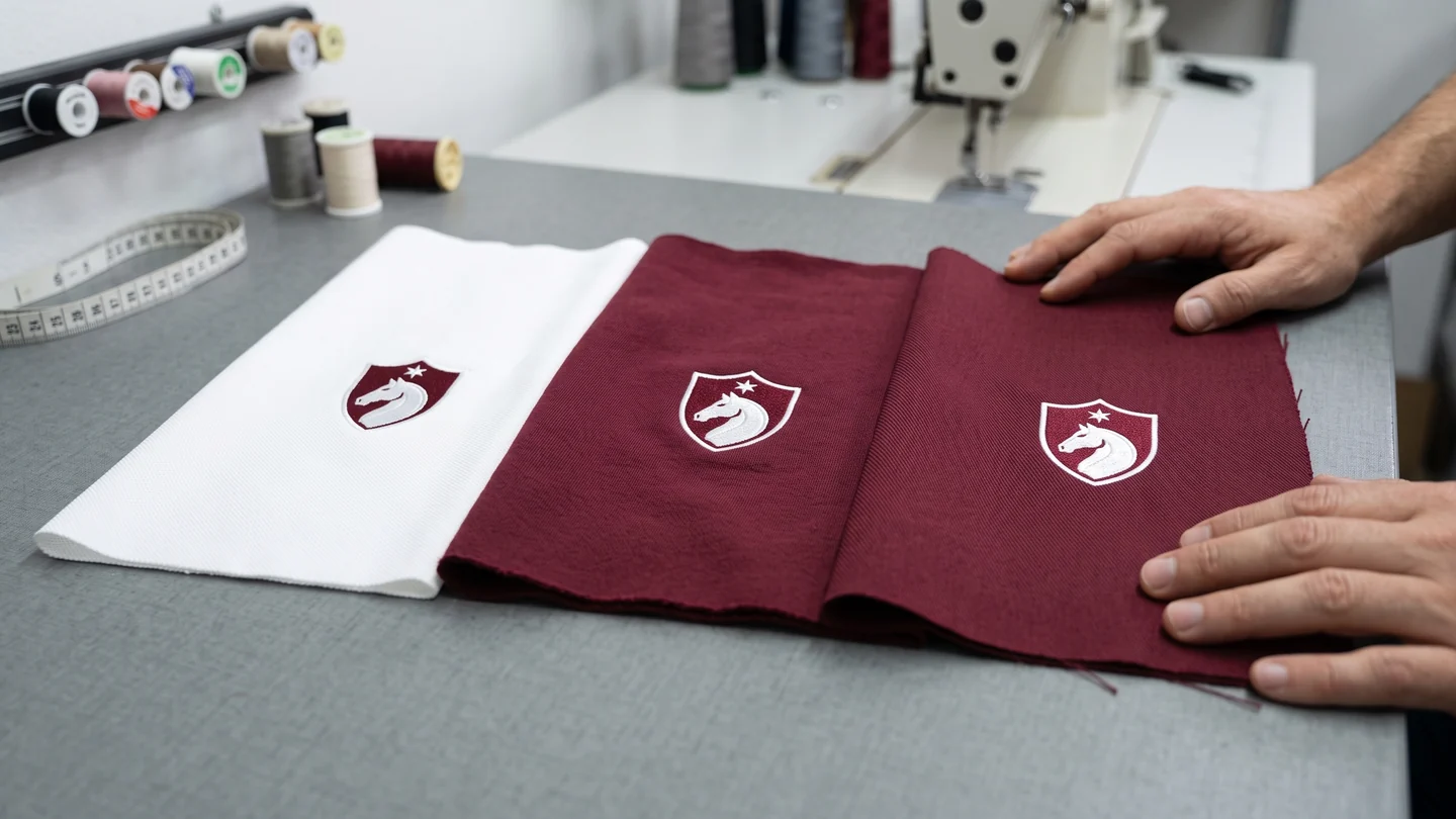 El mismo escudo bordado sobre piqué, punto y tejido de chaqueta