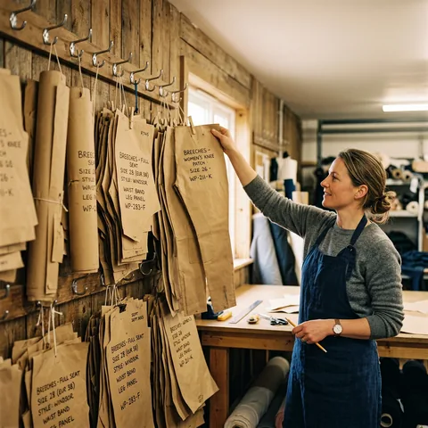 Patrones de pantalones de montar colgados en el taller de patronaje
