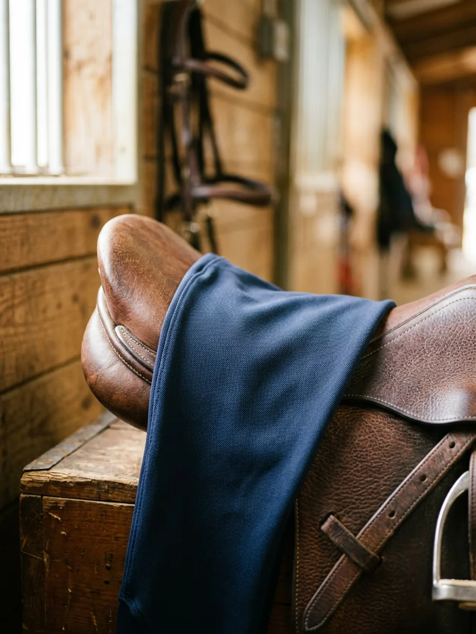 Tejido elástico de pantalón de montar sobre una silla de cuero
