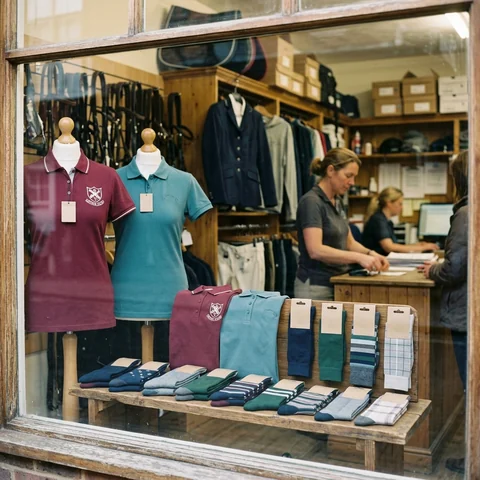 Escaparate de una tienda hípica con polos y calcetines