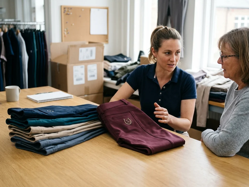 Modelos de catálogo de pantalones de montar con un logo bordado