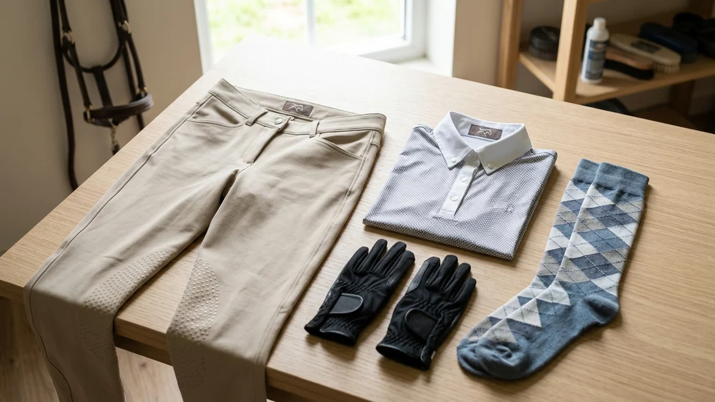 Pantalón de montar, polo, guantes y calcetines de equitación sobre una mesa