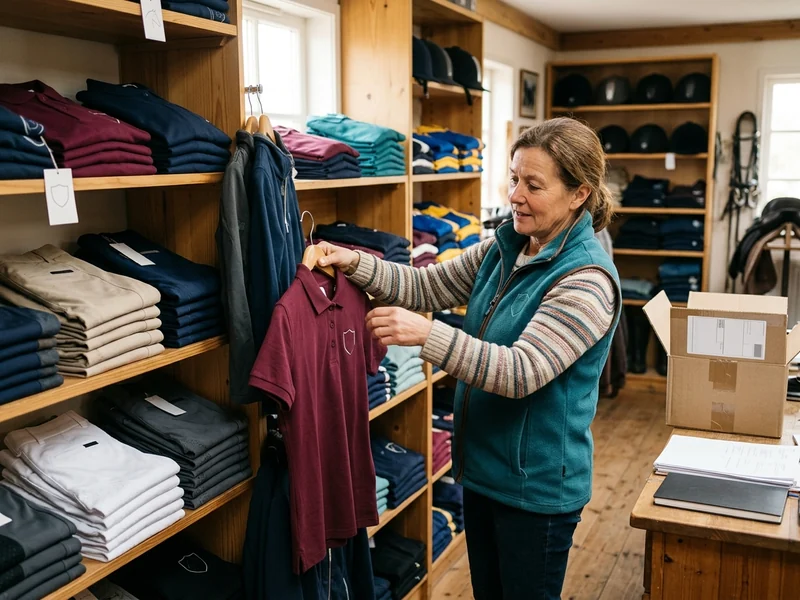 Tienda hípica con pantalones de montar y polos en los estantes
