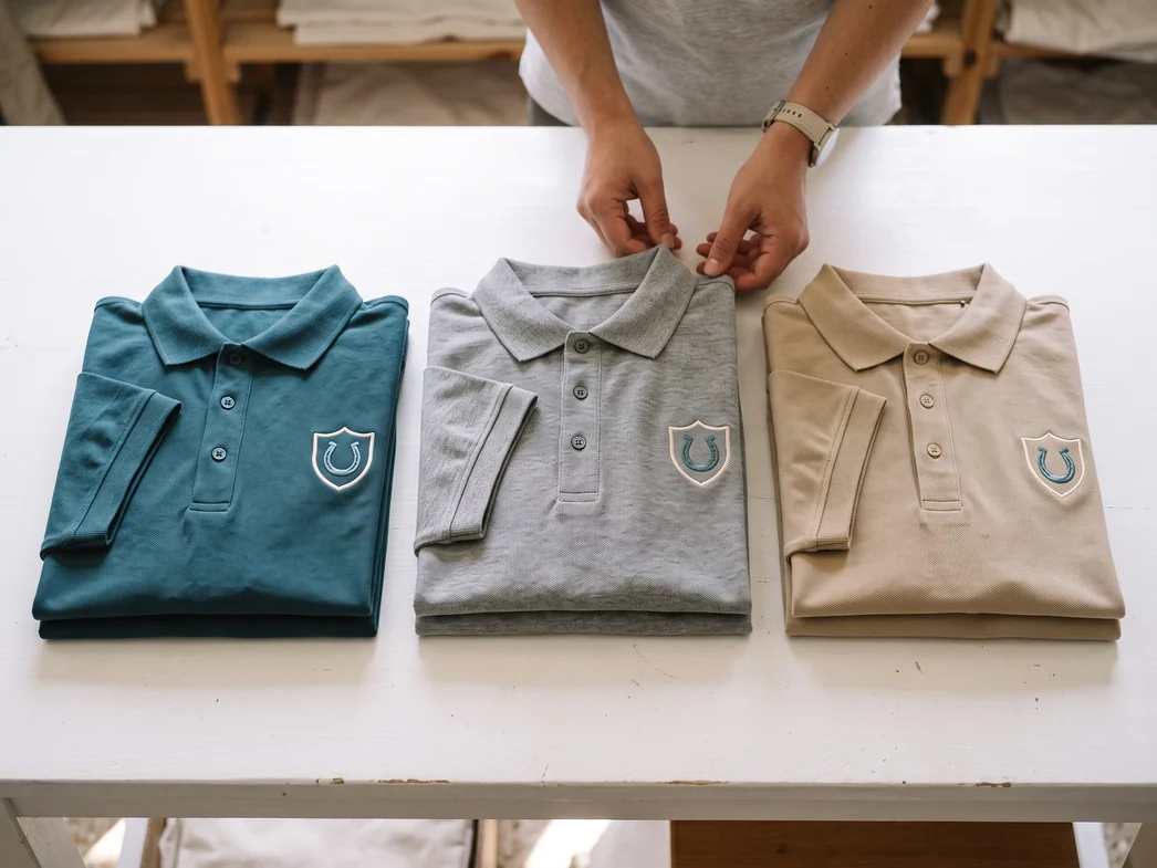 Tres polos en tres colores, petróleo, gris y beige, con el mismo escudo