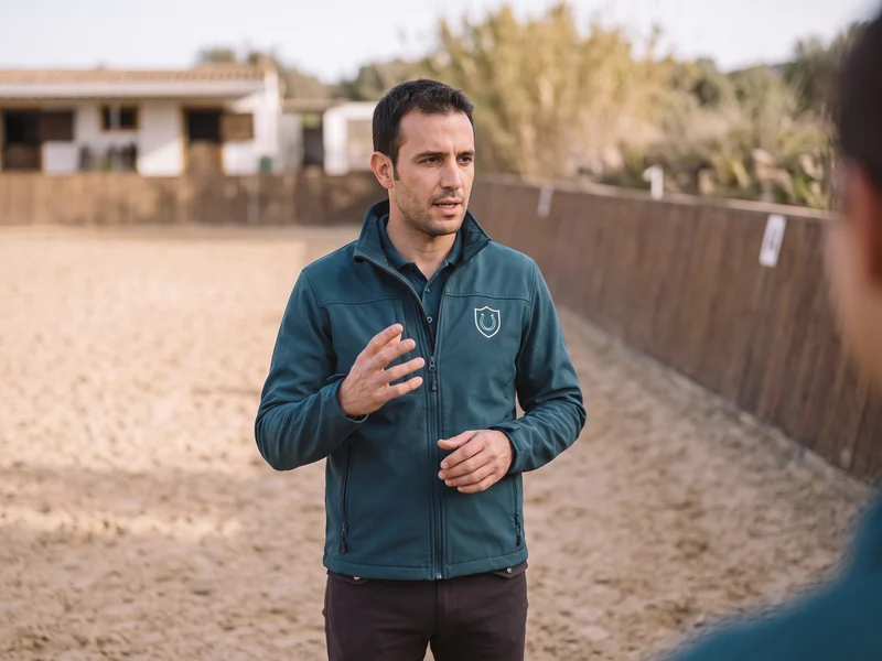Profesor en la pista con el softshell sobre el polo de trabajo