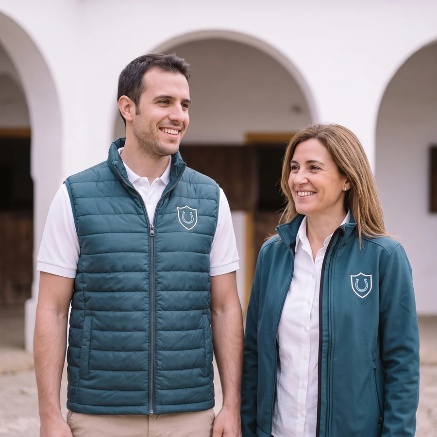 Presentador con polo blanco y chaleco de la casa y una empleada de ventas con softshell, recibiendo a un comprador