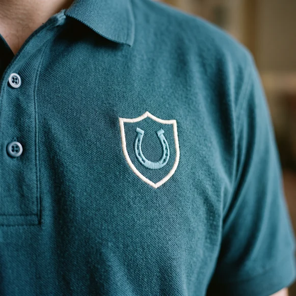 El escudo bordado en el polo de trabajo