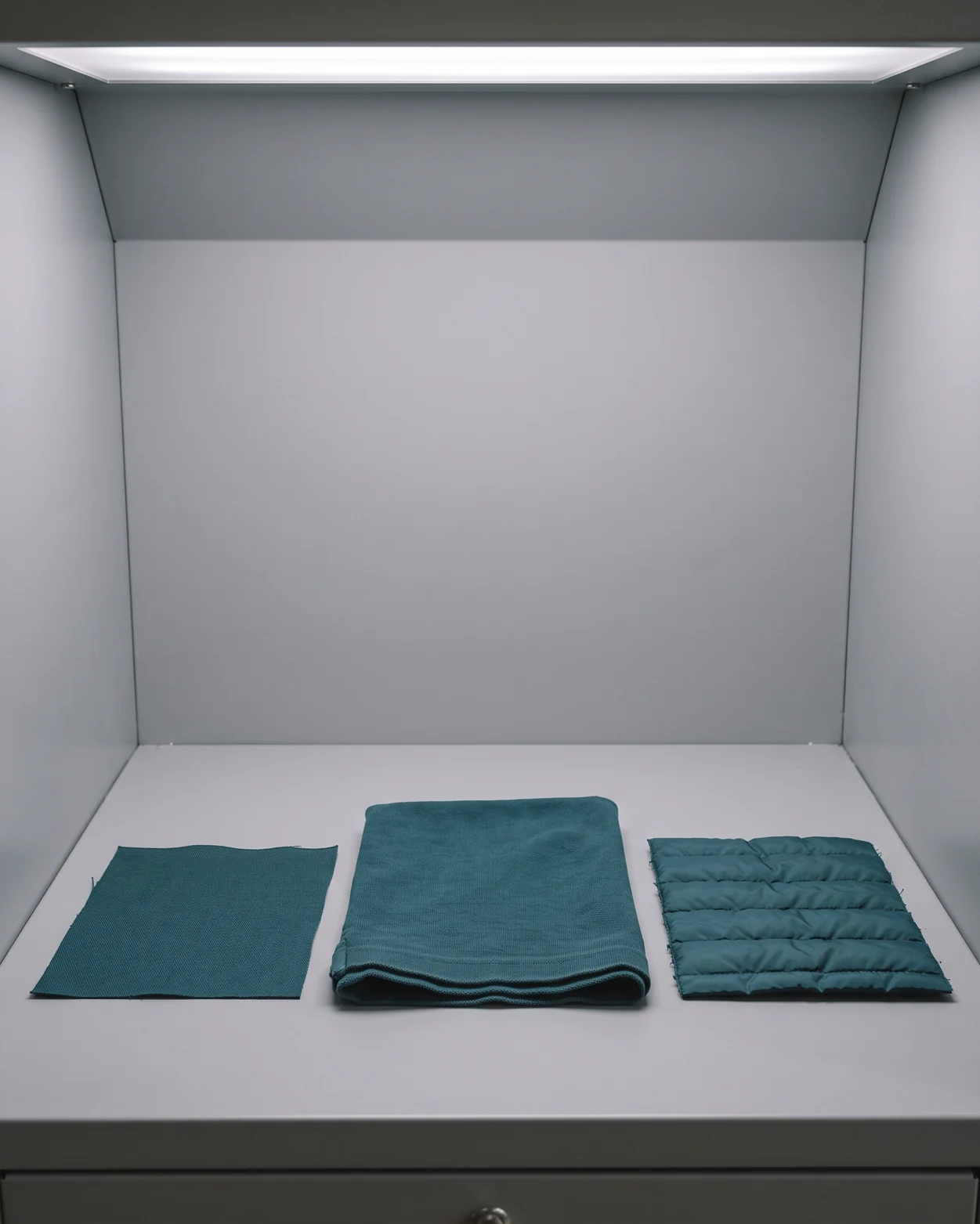 Los dos lab dips, de trabajo y de chaleco, uno junto al otro y junto al color de la casa bajo la cabina de luz
