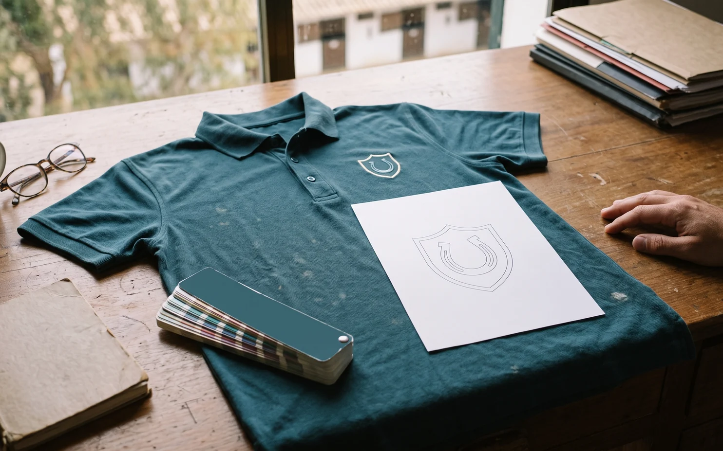 Un polo de la casa, el escudo en vectorial impreso y una guía de colores sobre la mesa