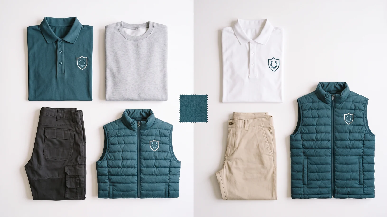 Los dos juegos sobre la misma mesa: ropa de trabajo de cuadra a la izquierda y uniforme de presentación a la derecha, con el mismo escudo